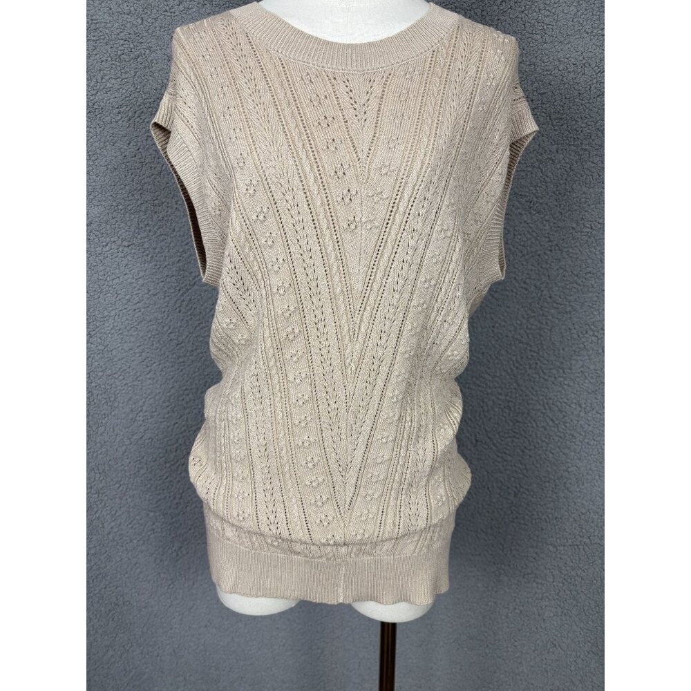 Women's Crochet Cap Sleeve Crew Neck  Light Weight Knit Sweater Large Tan NWOT's